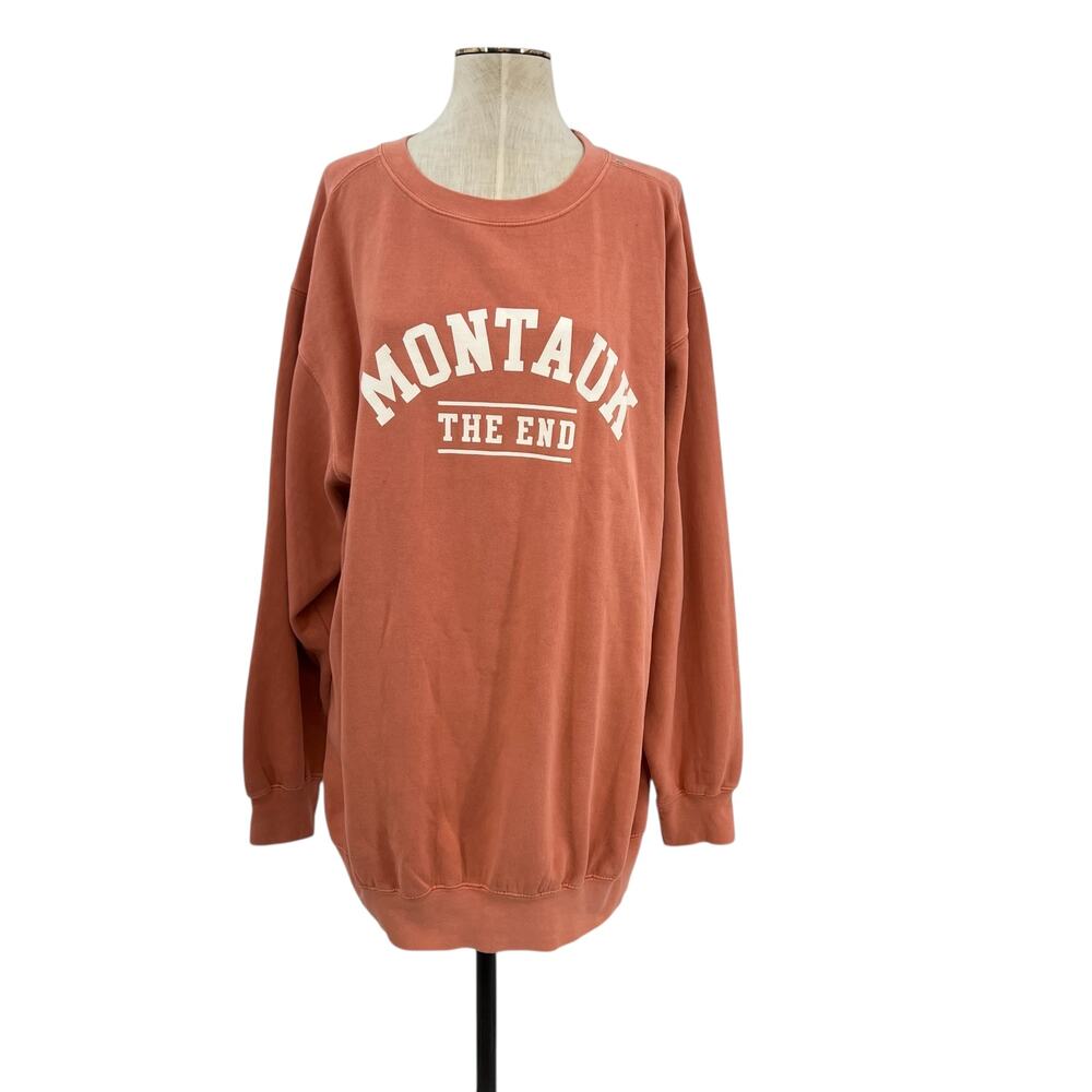 Montauk The End Crewneck Sweatshirt Spell Out Vintage Style Coral Orange XXL‎